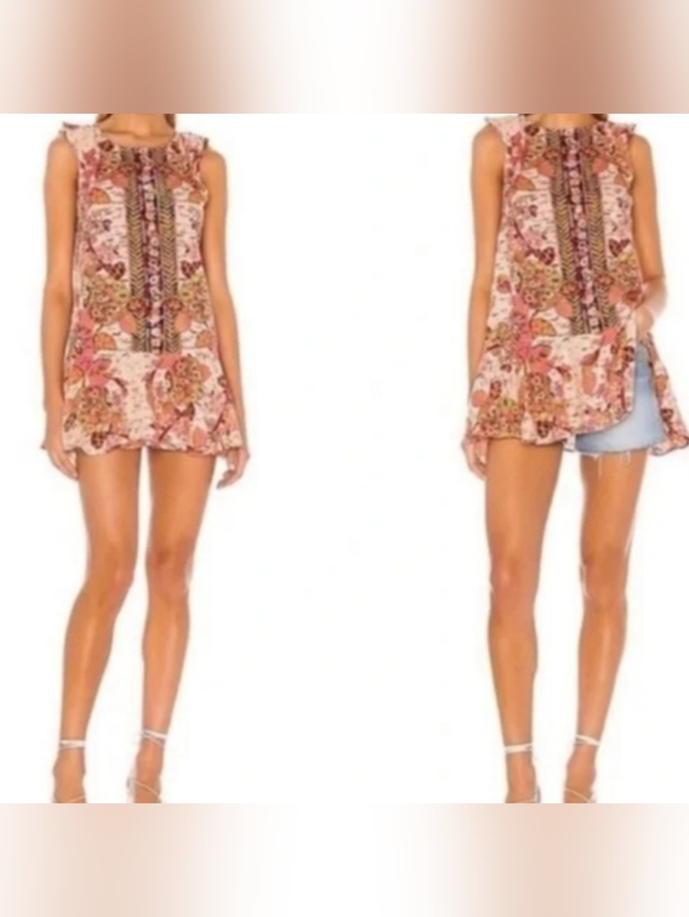 Free People Summer In Tulum Floral Pink Combo Linen Blend Mini Dress / Tunic Top